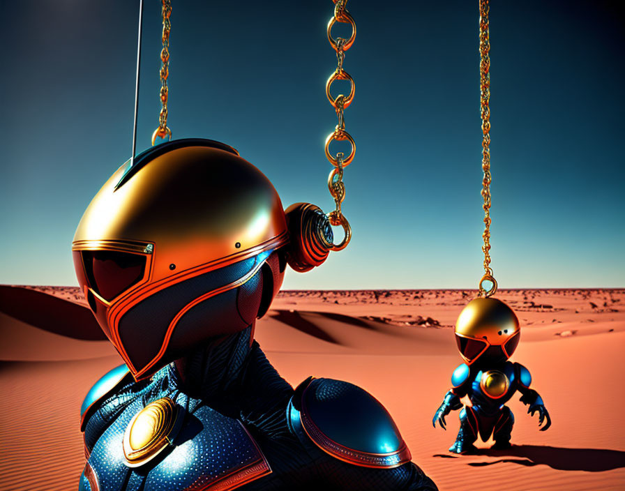 Futuristic astronauts with golden helmets in desert scene
