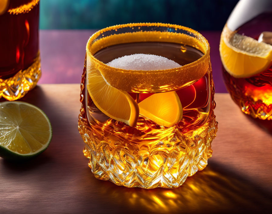 Sugar-rimmed glass with amber liquid and lemon slice, second glass and citrus fruits in background.