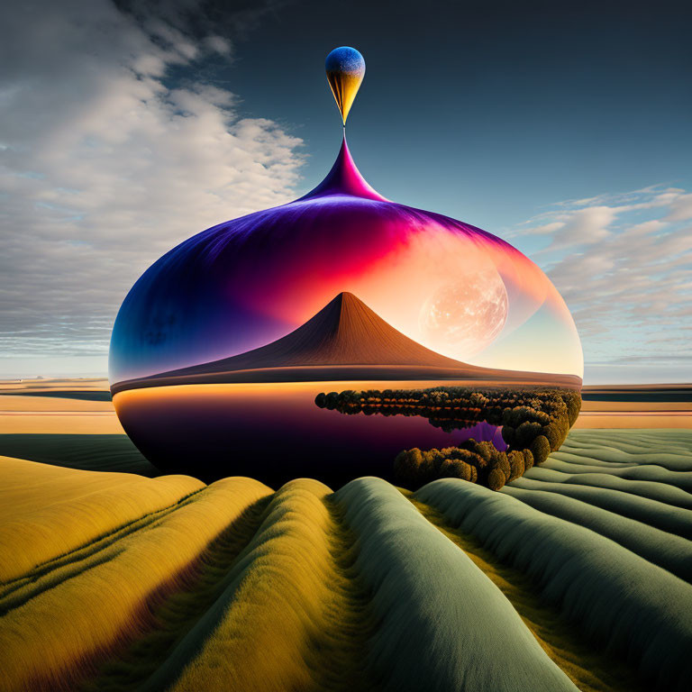 Vibrant sand dunes and colorful structure in surreal landscape