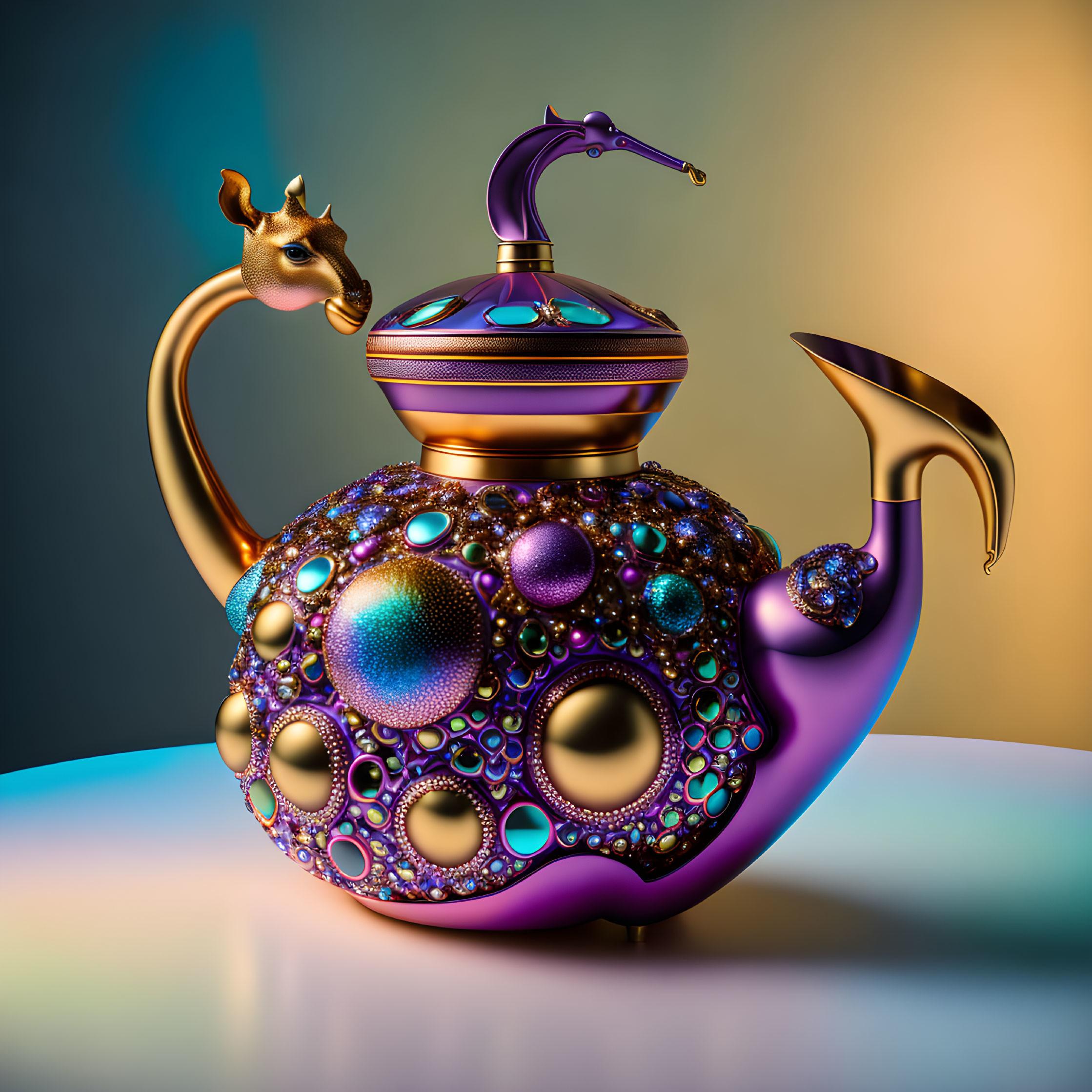 Colorful Giraffe-Head Teapot with Jeweled Body on Gradient Background