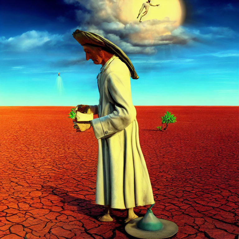 Surreal desert landscape with cloaked figure, green plant, dove, and illuminated figure