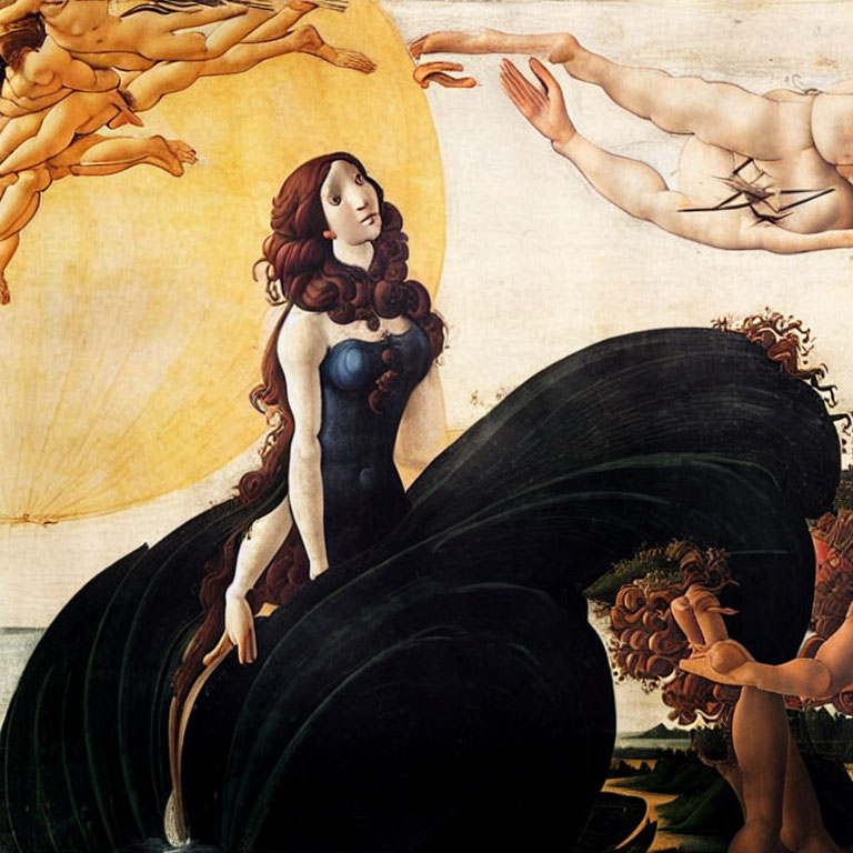 Surreal Artwork: Woman with Flowing Hair and Multiple Hands