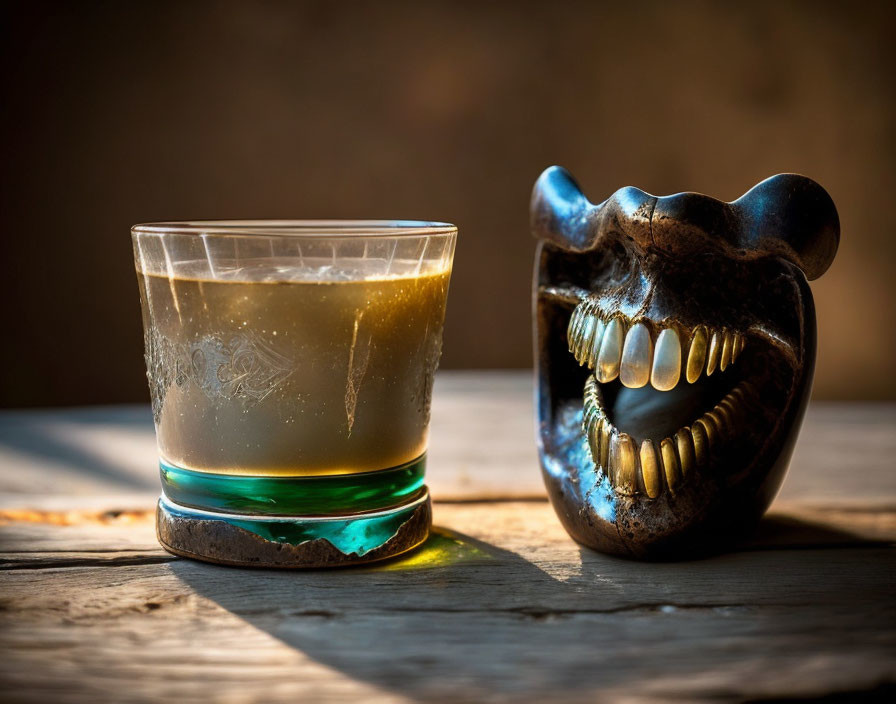 Golden liquid in half-filled glass next to smiling blue mask on wooden surface