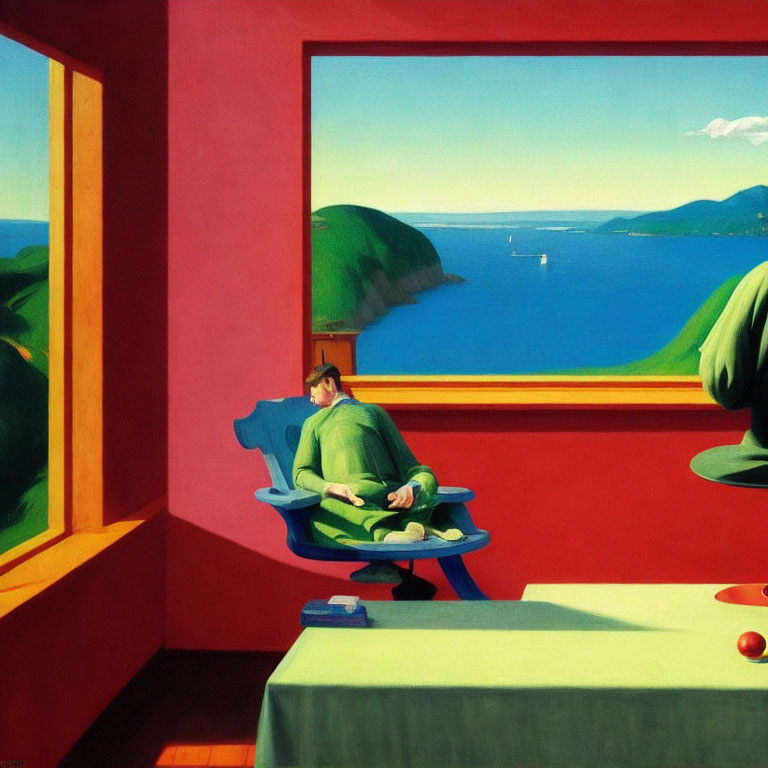 Person reclining by open window overlooking calm blue sea and sailboat in vividly colored room