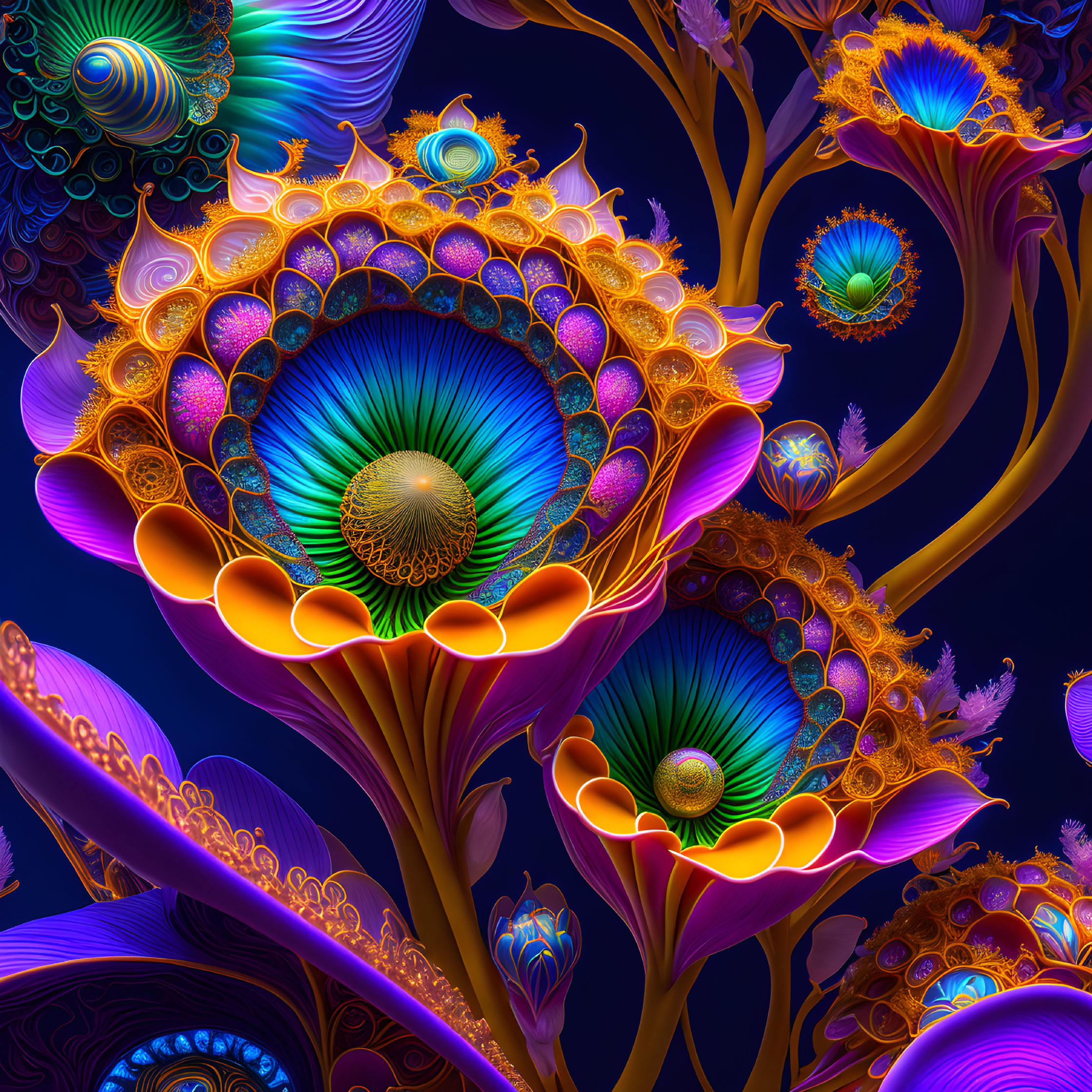 Colorful Abstract Floral Fractal Art on Dark Background