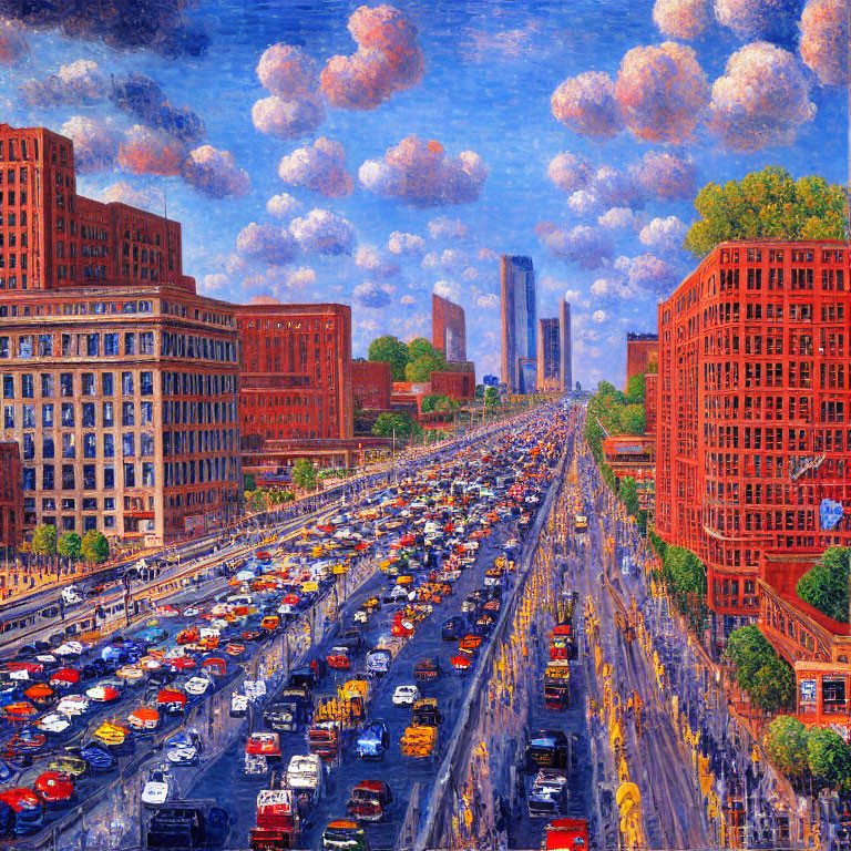 Colorful cityscape painting with busy traffic and skyscrapers under blue sky