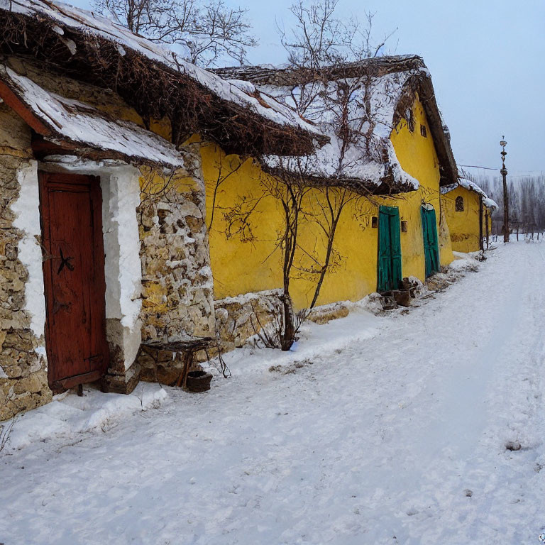 Quaint Yellow House with Red Door and Green Shutters in Snowy Winter Scene