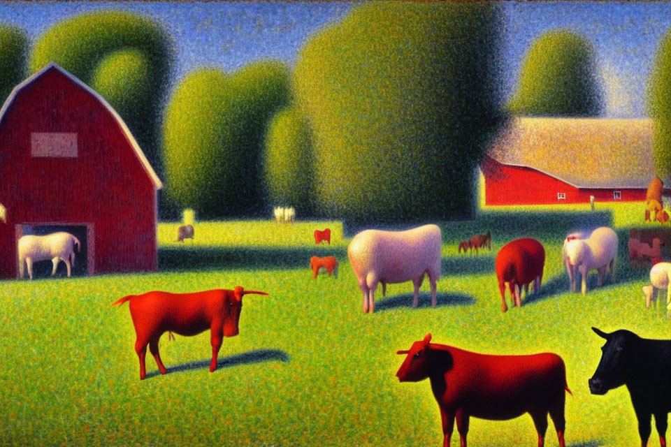 Colorful pastoral scene with sheep, cows, barn, farmhouse, and trees under blue sky