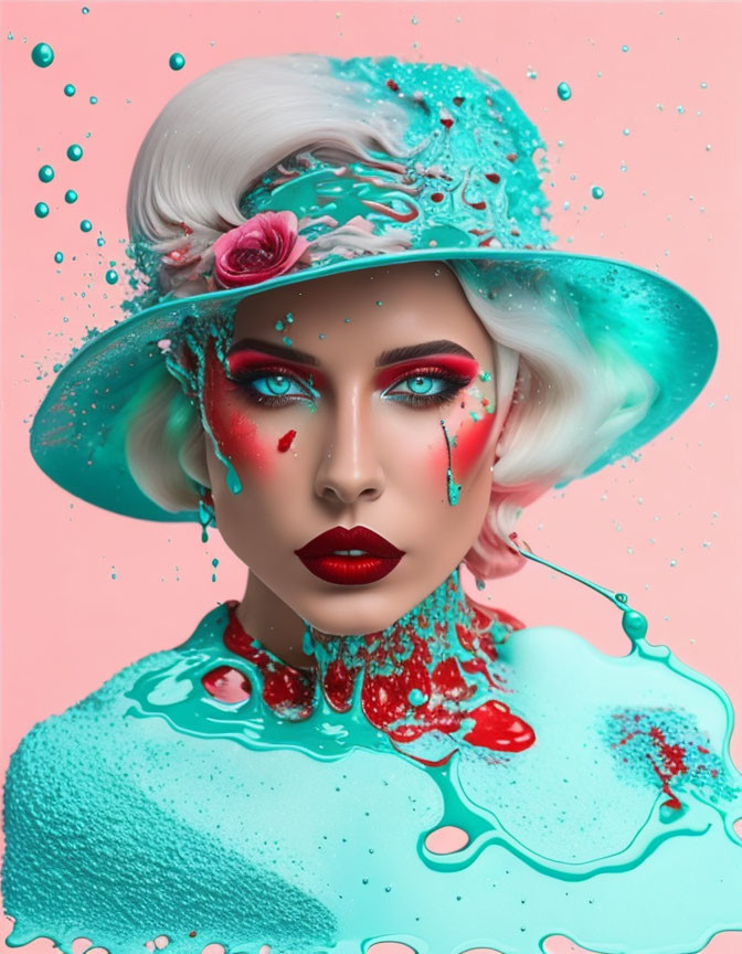 Woman with artistic makeup and red tears, turquoise hat, rose on pink background