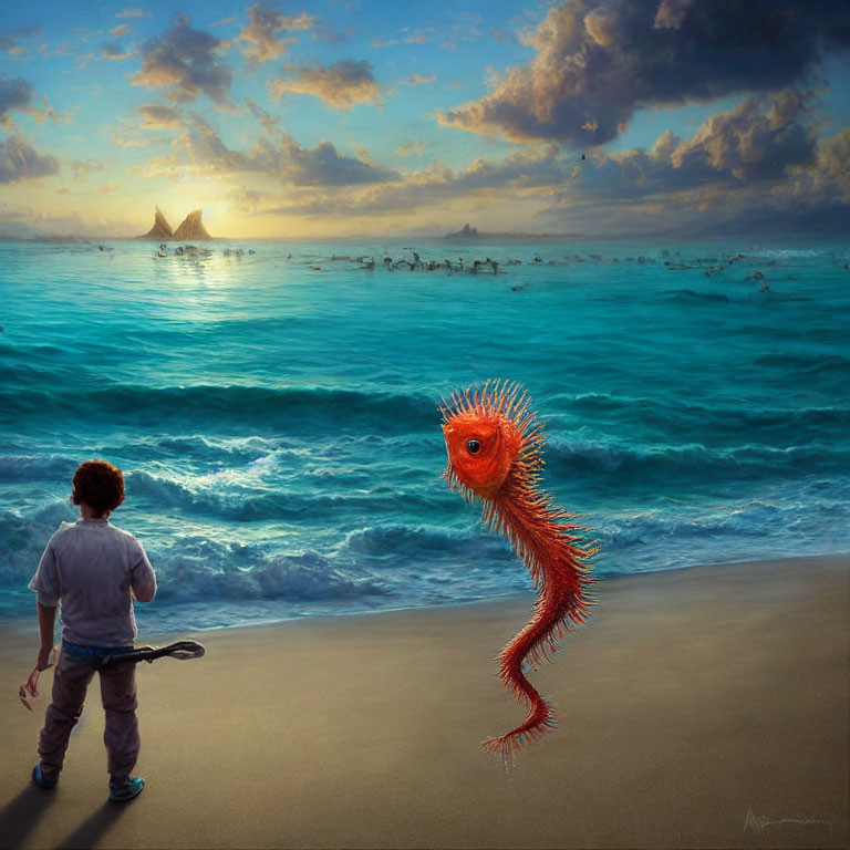 Boy on Beach at Sunset Observes Red Surreal Creature with Eye