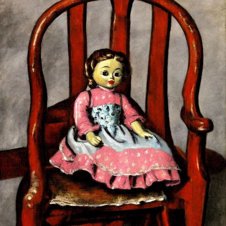 Painted Face Antique Doll in Pink Polka Dot Dress on Wooden Chair