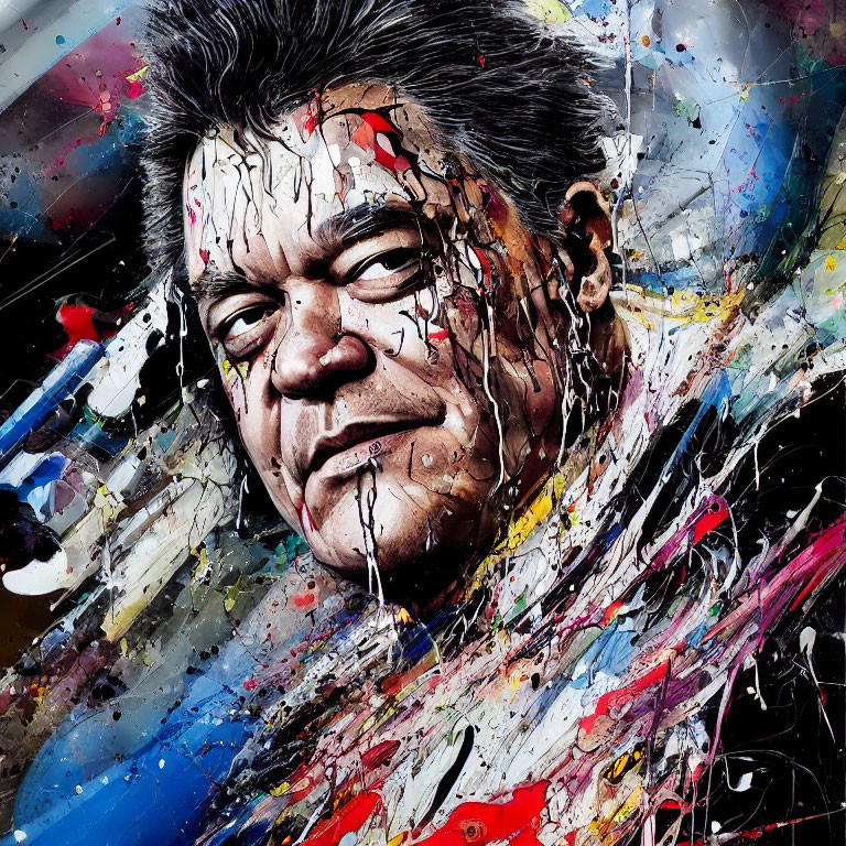 Vibrant abstract art: Man's face with intense expression, colorful splashes and streaks.