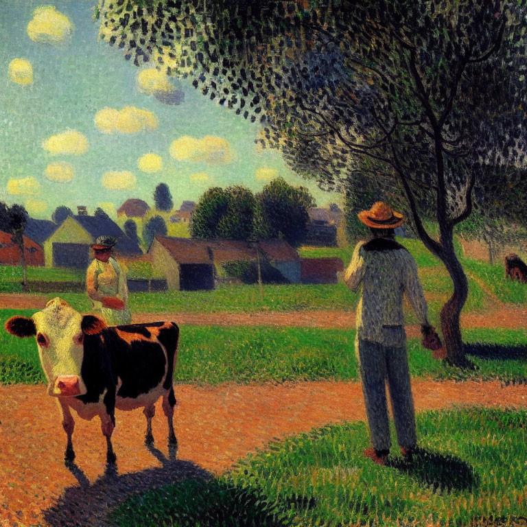 Lush Countryside Scene with Figures and Cow in Impressionist Style