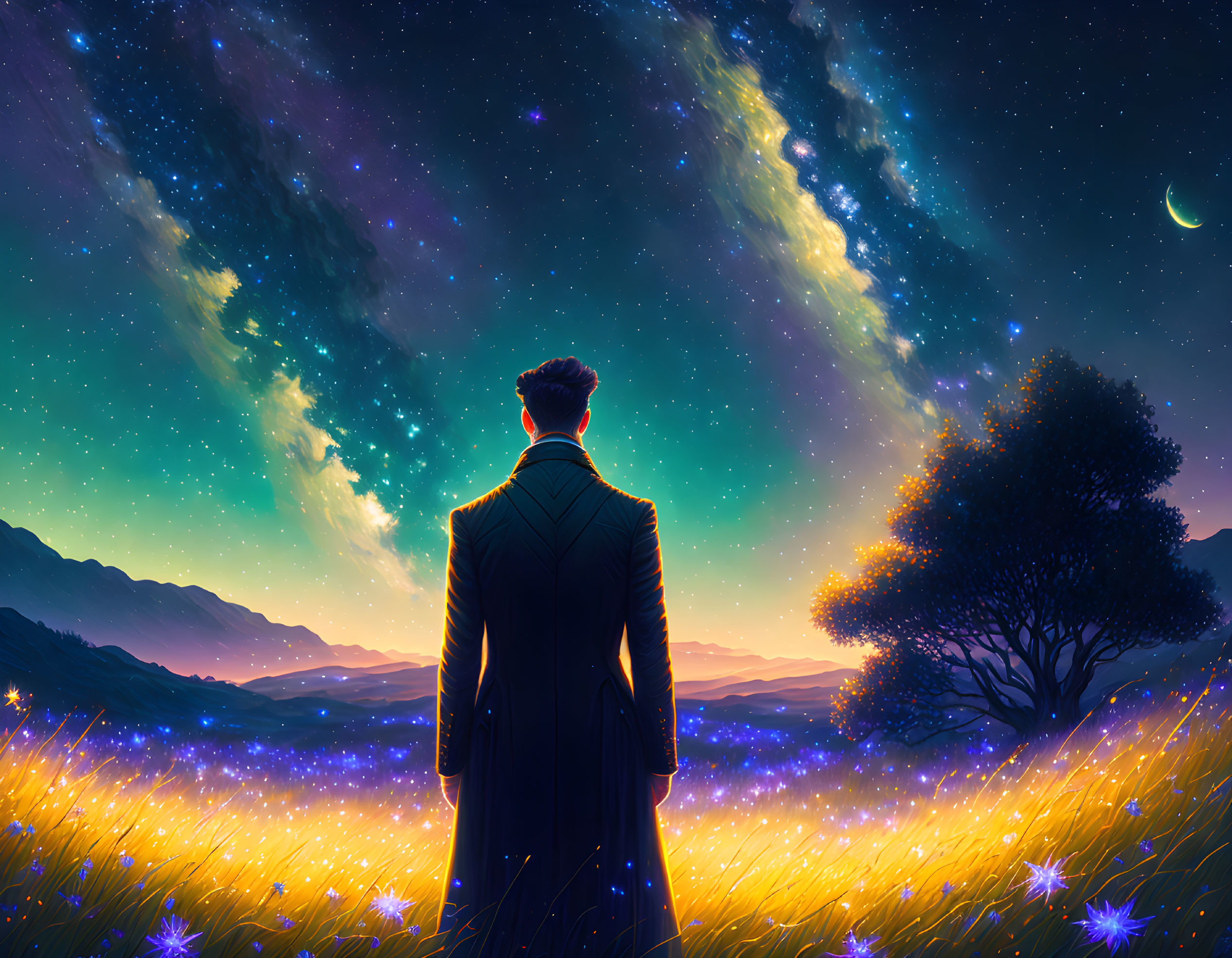 Man admires starry sky in luminous field at dusk horizon.