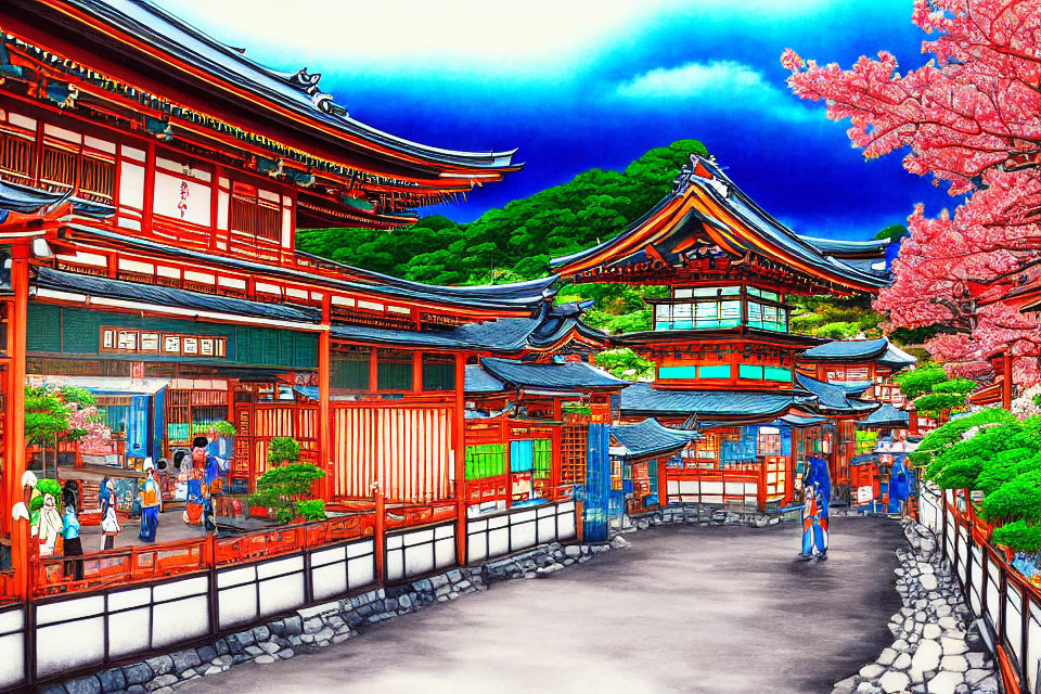 Colorful Traditional Japanese Street Scene with Cherry Trees and People Strolling