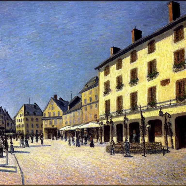 Impressionist Painting of Town Square with People and Yellow Buildings