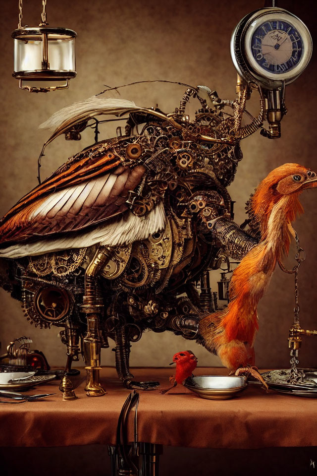 Steampunk-style mechanical bird with clock components and red bird on vintage backdrop.
