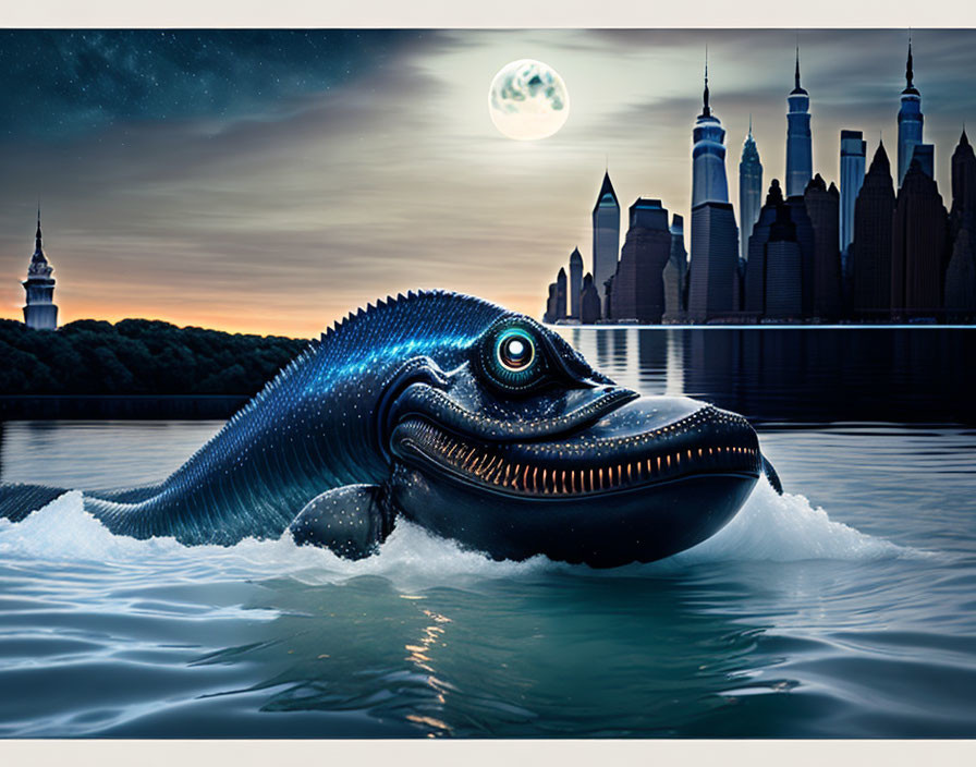 Giant fish with sharp teeth near city skyline under moonlit sky