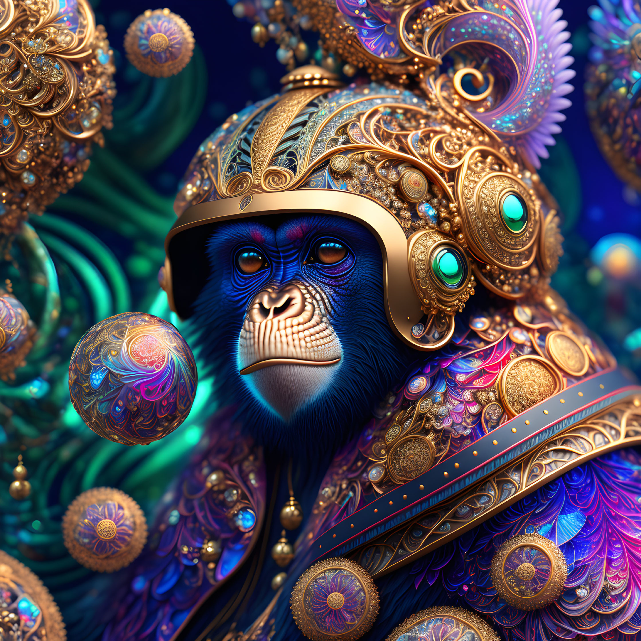 Detailed digital artwork: Monkey in golden armor with spheres on blue background