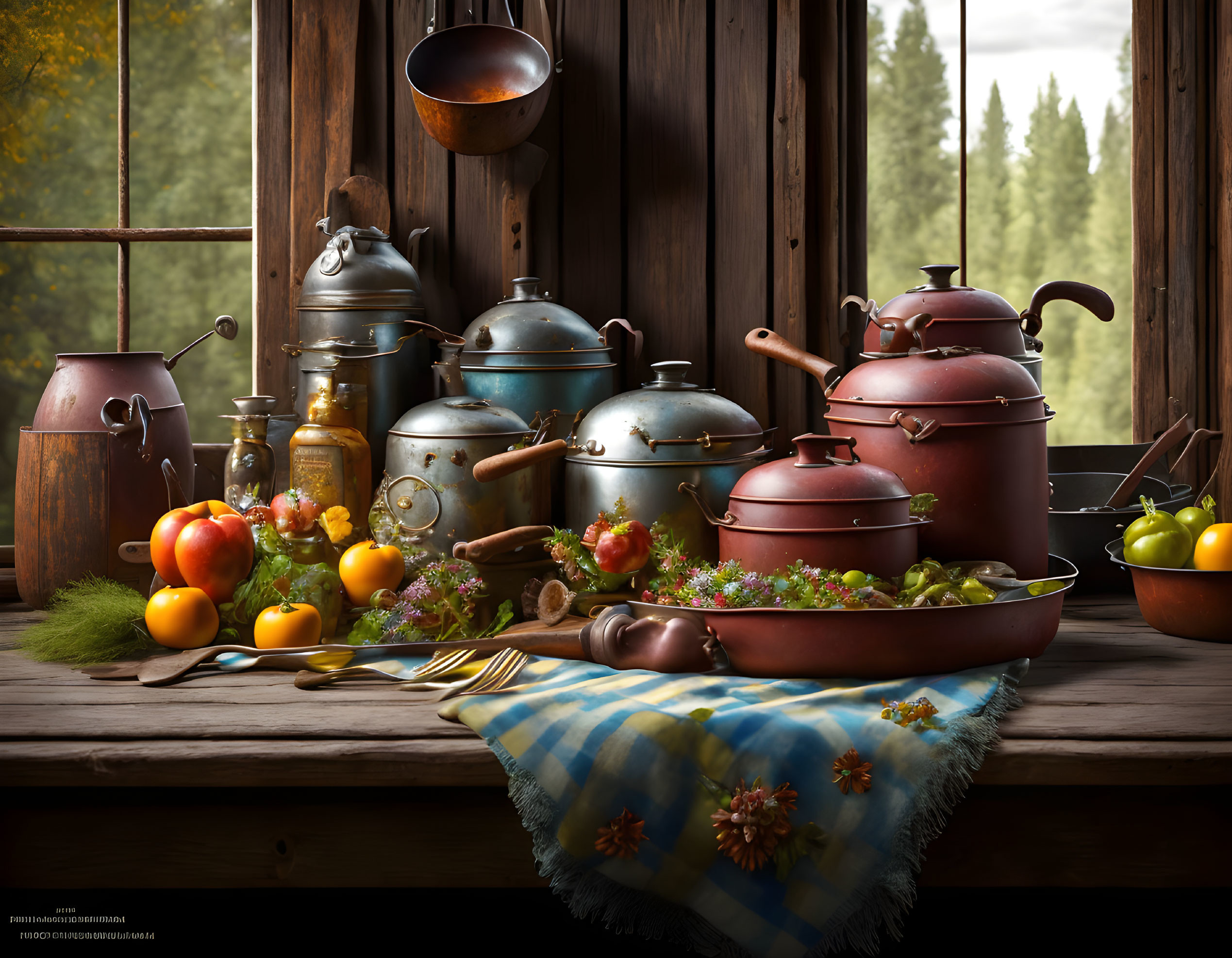 Vintage Cookware and Fresh Vegetables in Rustic Kitchen Setting