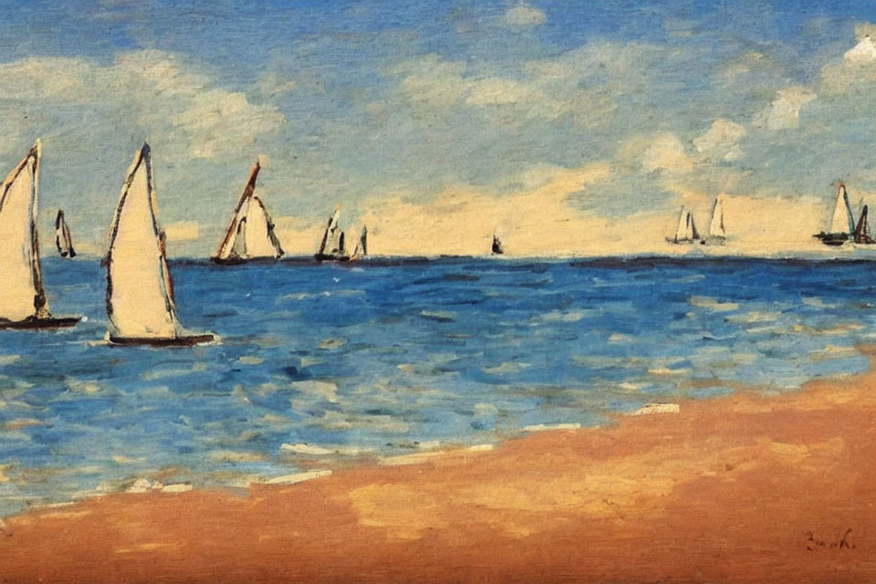 Sailboats painting: vibrant blue sea, golden sandy shore, fluffy white clouds