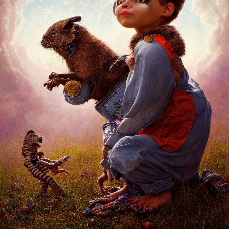Child with Rodent Features Holding Yarn Ball in Dreamy Sky