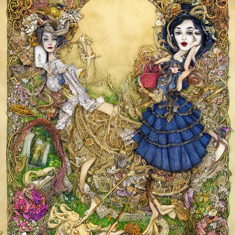 Detailed Artwork of Three Whimsical Female Figures in Fantasy Setting