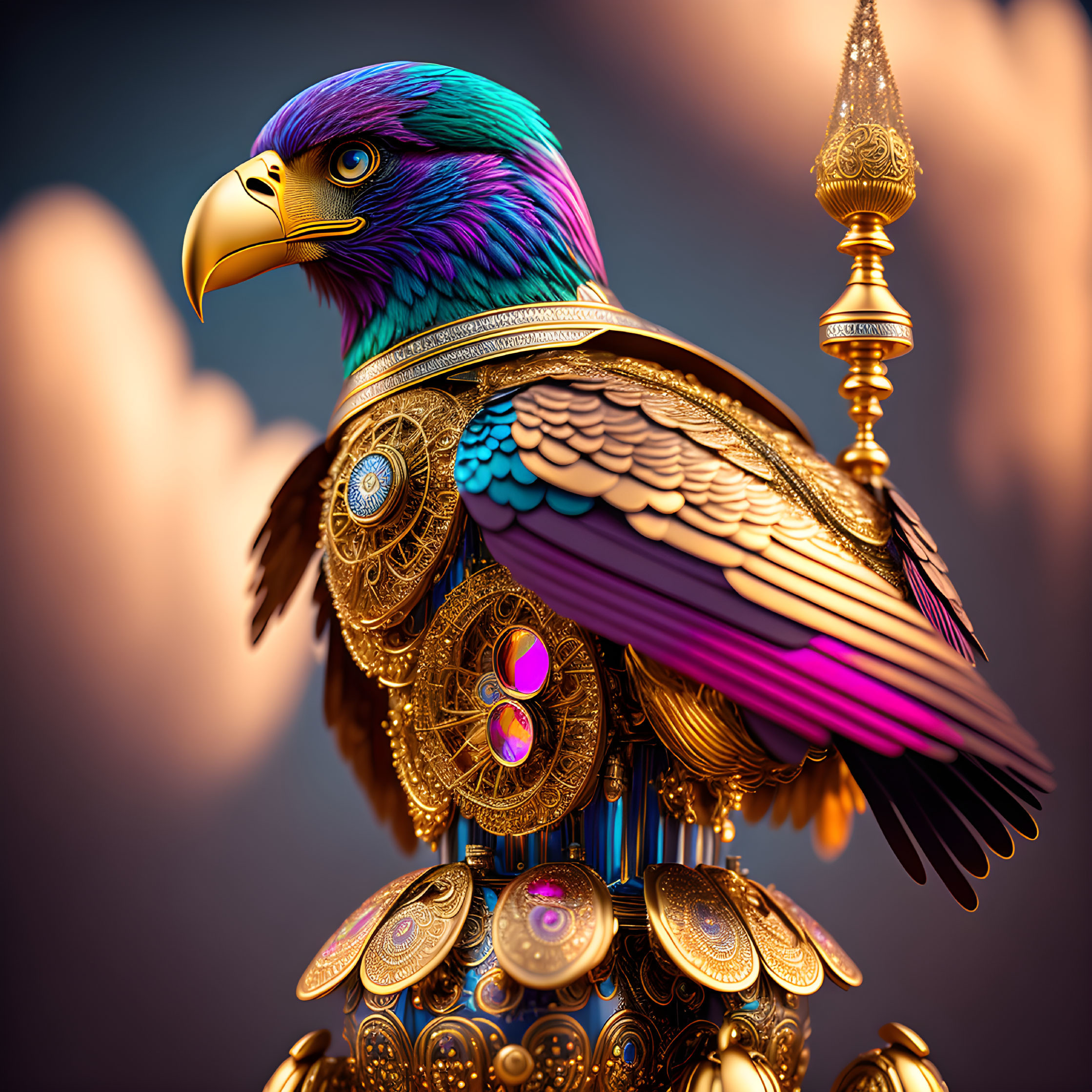 Mechanized eagle digital artwork with purple and gold plumage in steampunk style