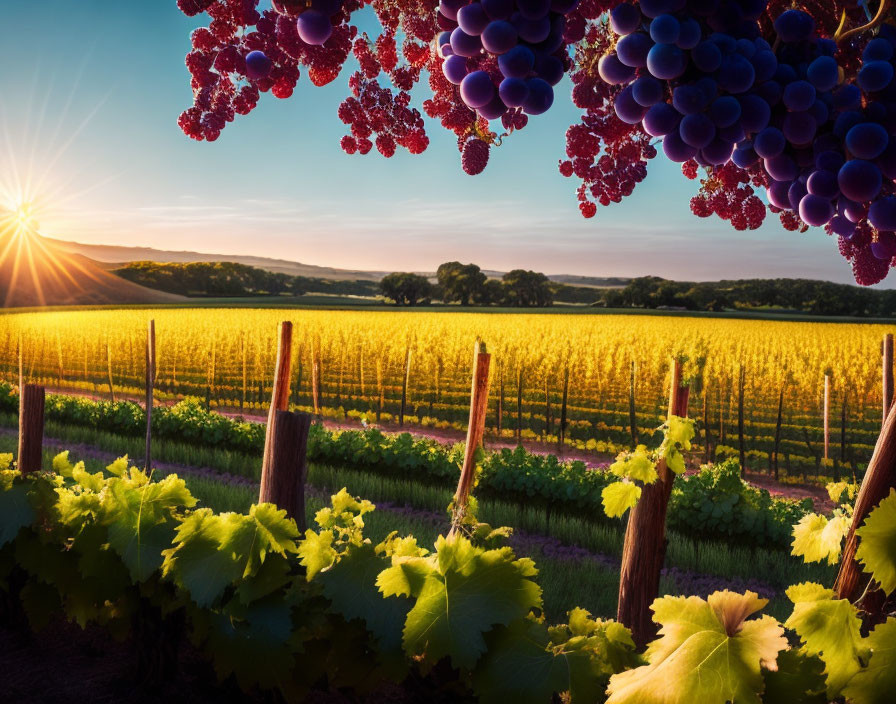 Sunset view of lush vineyard with purple grapes and grapevines under clear sky