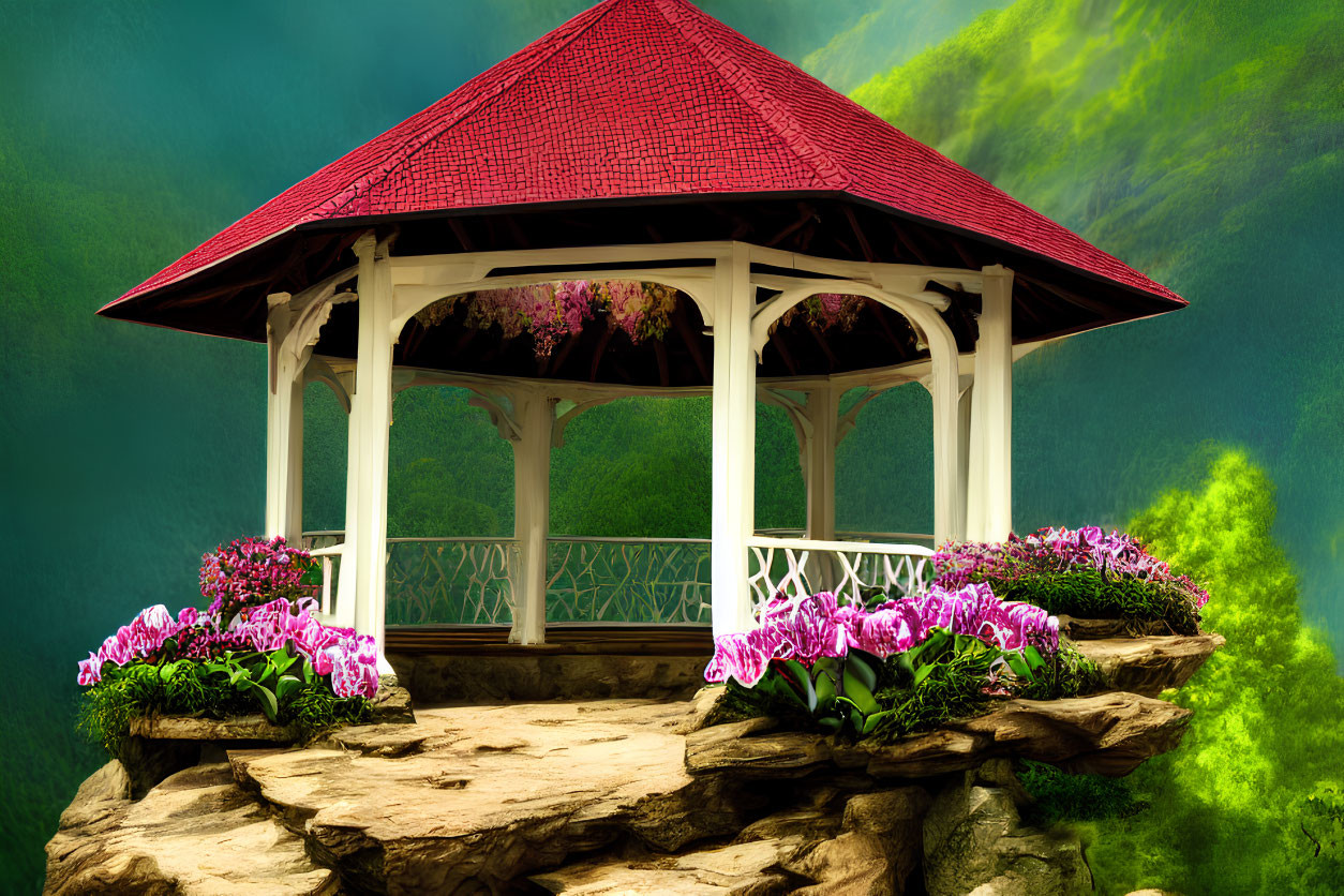 Scenic gazebo with red roof amidst pink flowers and misty green landscape