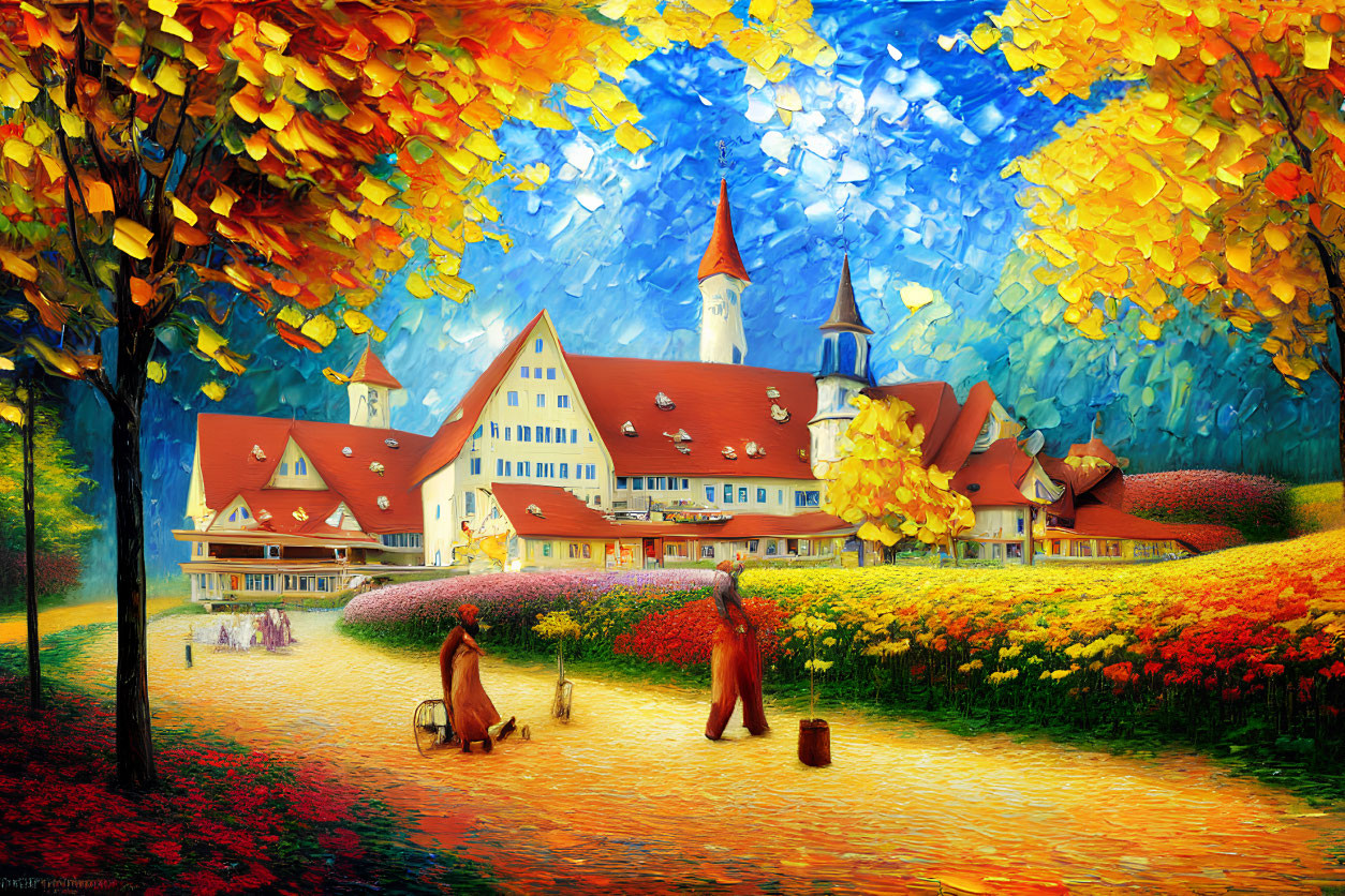 Colorful fairytale village painting with autumn leaves and whimsical figures
