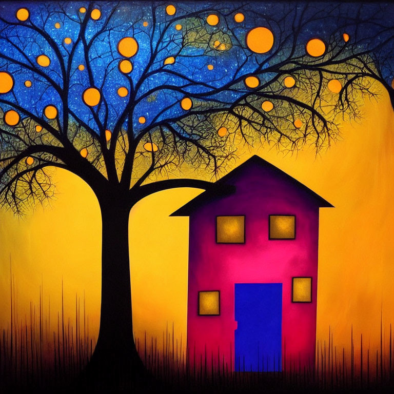 Vivid painting: Blue house under silhouetted tree on colorful sky