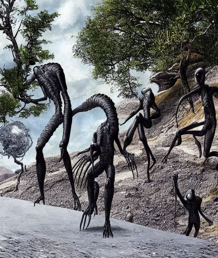 Surreal artwork: elongated humanoid figures in desolate landscape