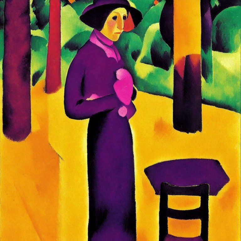Colorful painting of woman in purple dress with fruit and chair in abstract forest