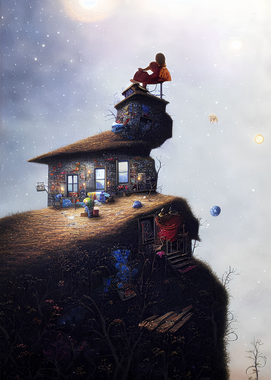 Floating landmass house under starry sky with person and bubbles
