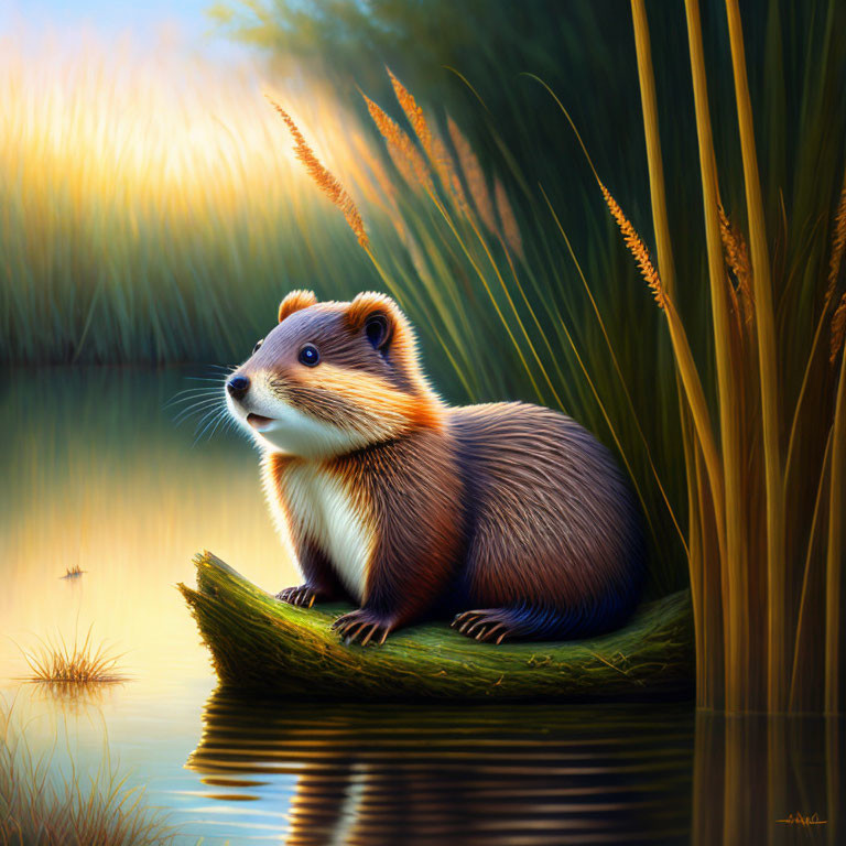 Illustrated otter on log by water's edge in warm sunlight