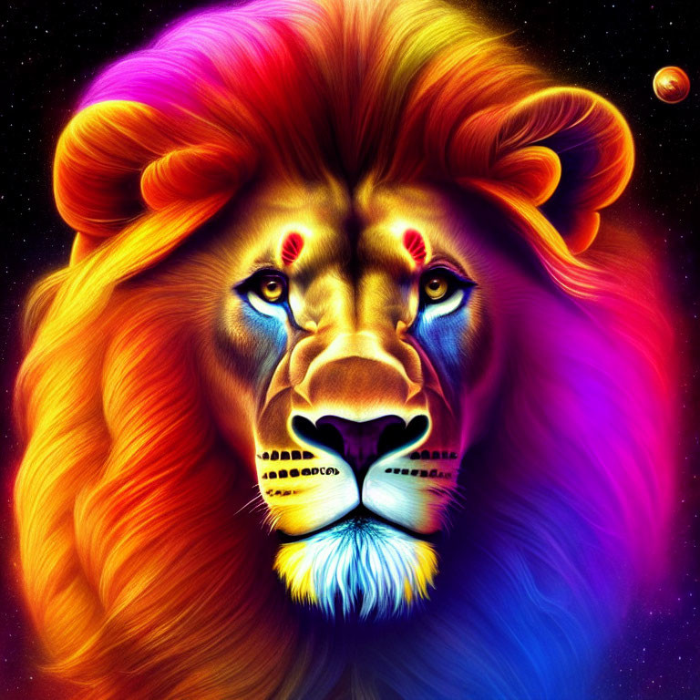 Colorful Lion Illustration with Luminous Mane and Cosmic Background