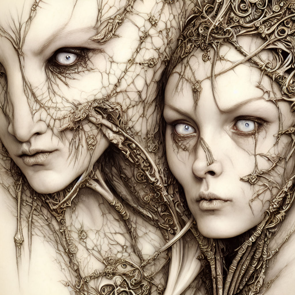 Ethereal pale faces with intricate golden accents and blue eyes