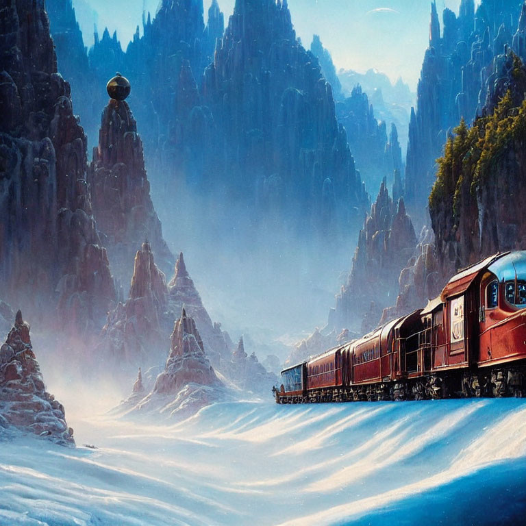 Red steam train in snowy mountain landscape under blue sky with floating orb.