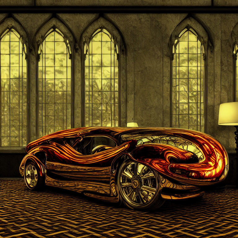 Futuristic red and orange flame pattern car in gothic-style room
