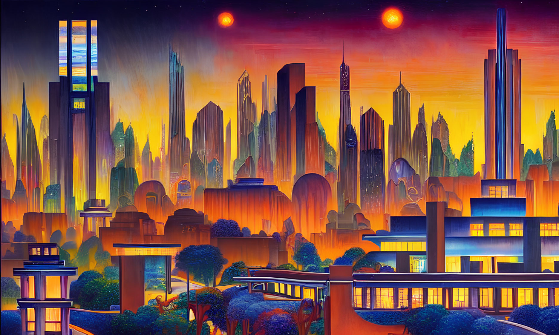 Vibrant sunset cityscape with skyscrapers, green areas, and monorail tracks