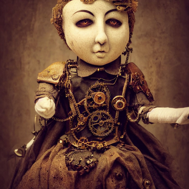 Steampunk-style doll with mechanical features and vintage dress adorned with gears and cogs