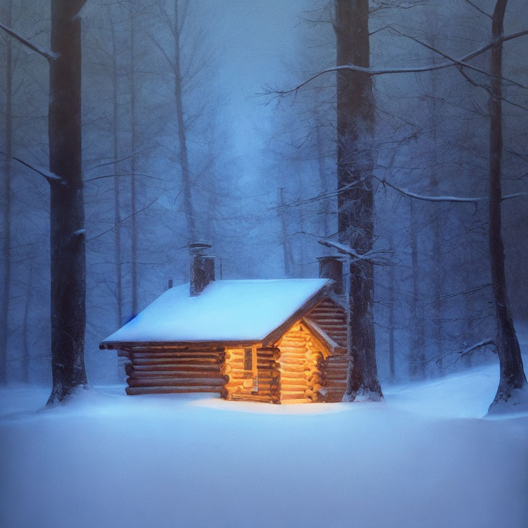 Snowy log cabin in twilight forest landscape.