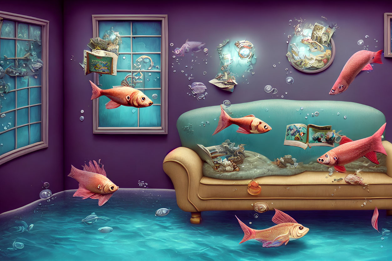 Underwater-themed room with fish, bubbles, submerged furniture