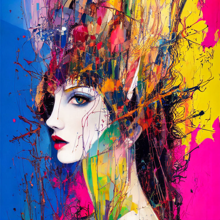 Colorful Abstract Art: Woman's Face with Dynamic Lines