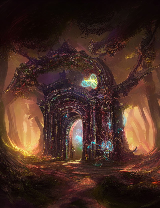 Ethereal archway in mystical forest with warm light and luminescent orbs