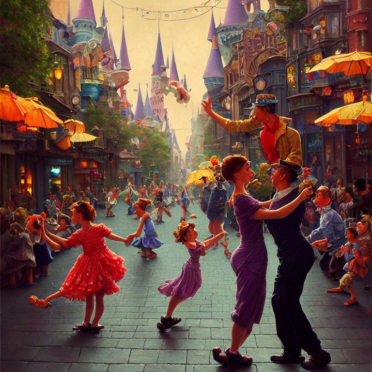 Colorful street scene with dancing people and whimsical buildings