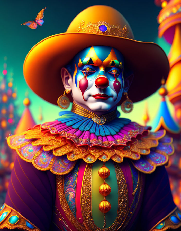Colorful Clown with Elaborate Makeup and Luxurious Costume in Whimsical Setting