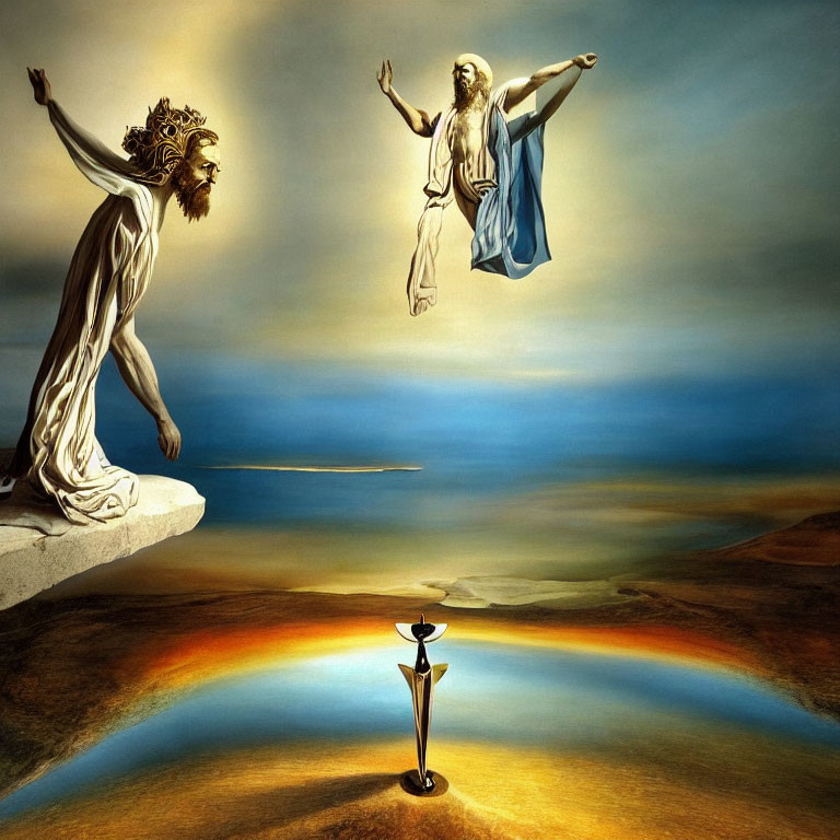 Surreal artwork featuring robed figures, lion-headed figure, chalice, and rainbow ring