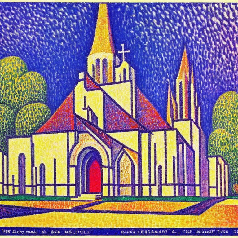 Colorful pointillist painting: Church with spire, trees, starry sky